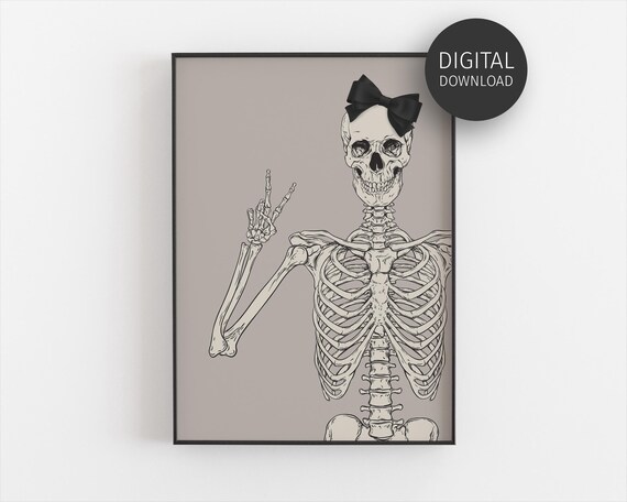 Coquette Skeleton With Bow Peace Sign Vintage Halloween Skull Poster