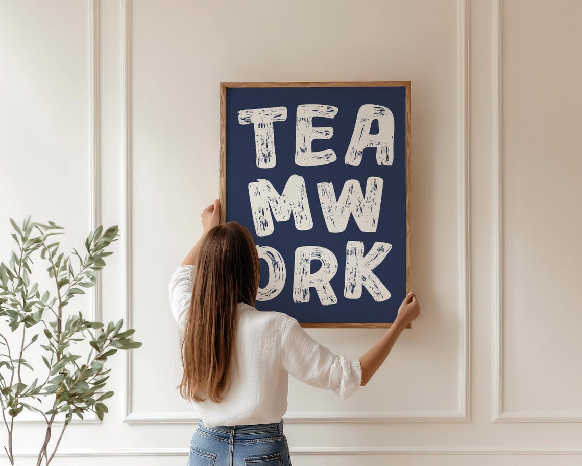 Teamwork Navy White Distressed Lettering Office Team Wall Art - Image 3