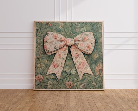 English Garden Bow Print Vintage William Morris Poster Cottagecore Wall Art Grand Millennial Coquette Room Decor Pink Green Aesthetic