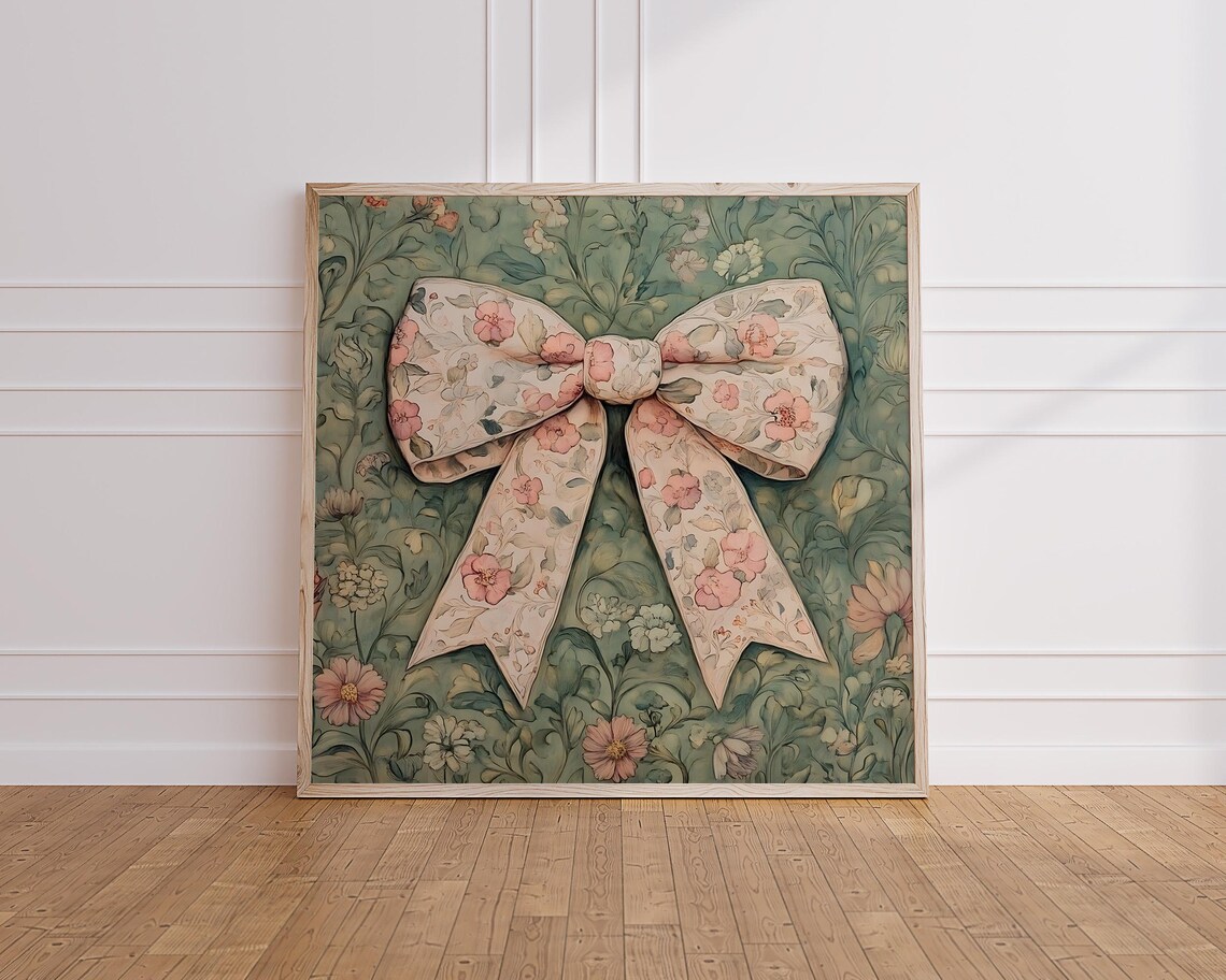 Vintage Floral Bow Sage Green William Morris Style Art Poster