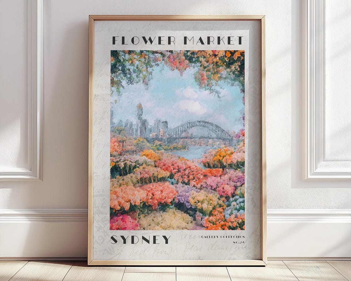 Sydney Harbour Bridge Flower Market Australia Watercolor Poster