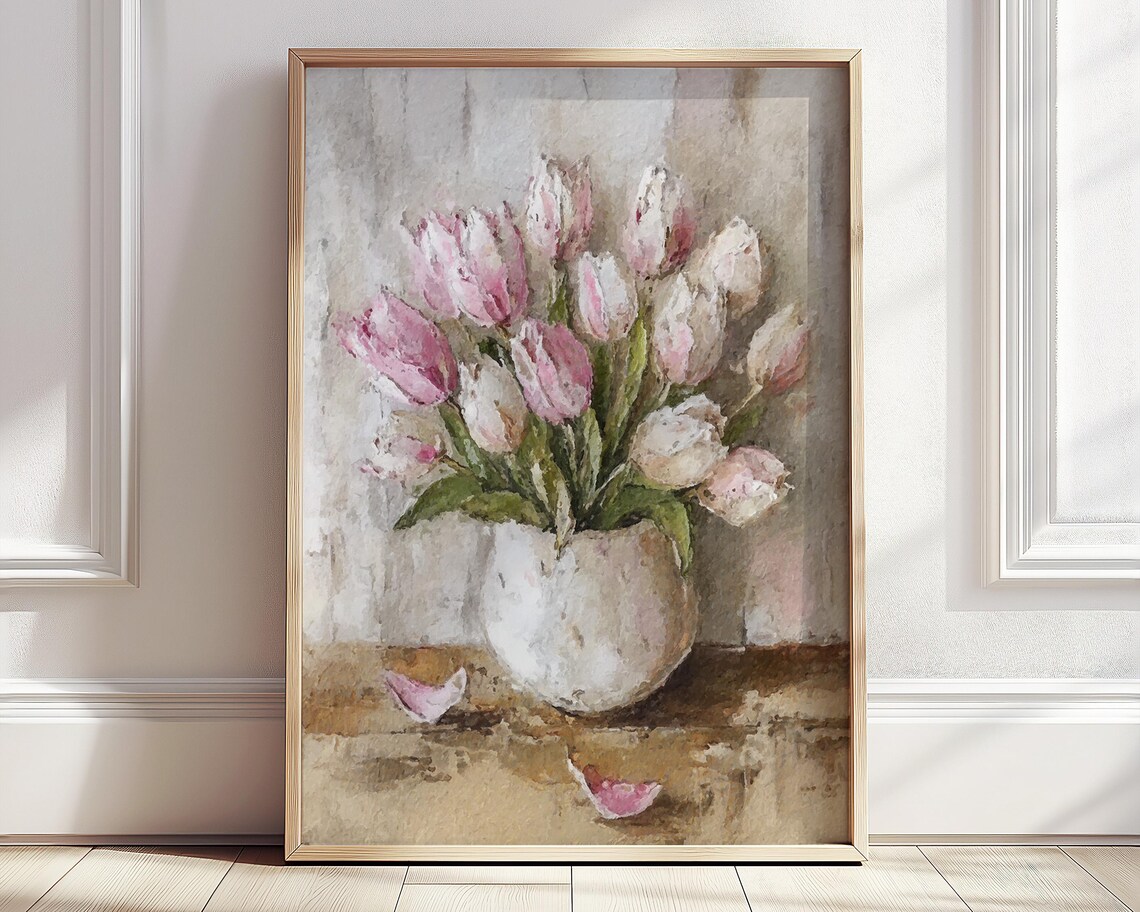 Pink And White Tulips Still Life Watercolor Floral Art Poster
