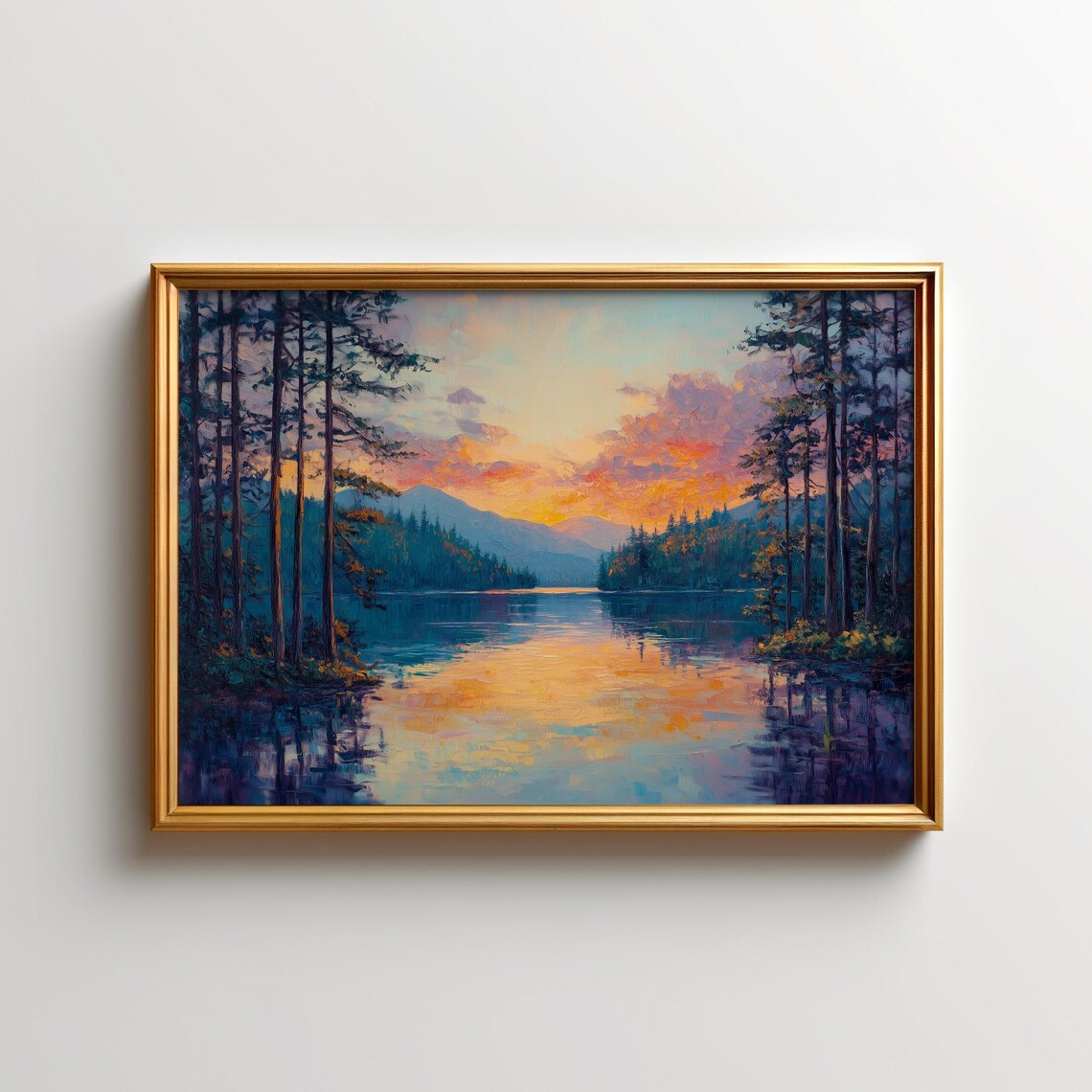 Forest Lake Sunset Among Pine Trees Reflection Painting Wall Art