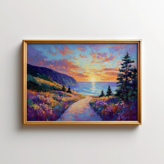 Sunset Coastal Path Wildflower Meadow Pine Trees Painting Poster