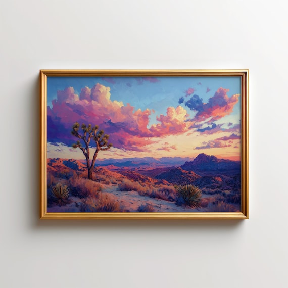 Joshua Tree Desert Sunset Pink Clouds Landscape Painting Poster