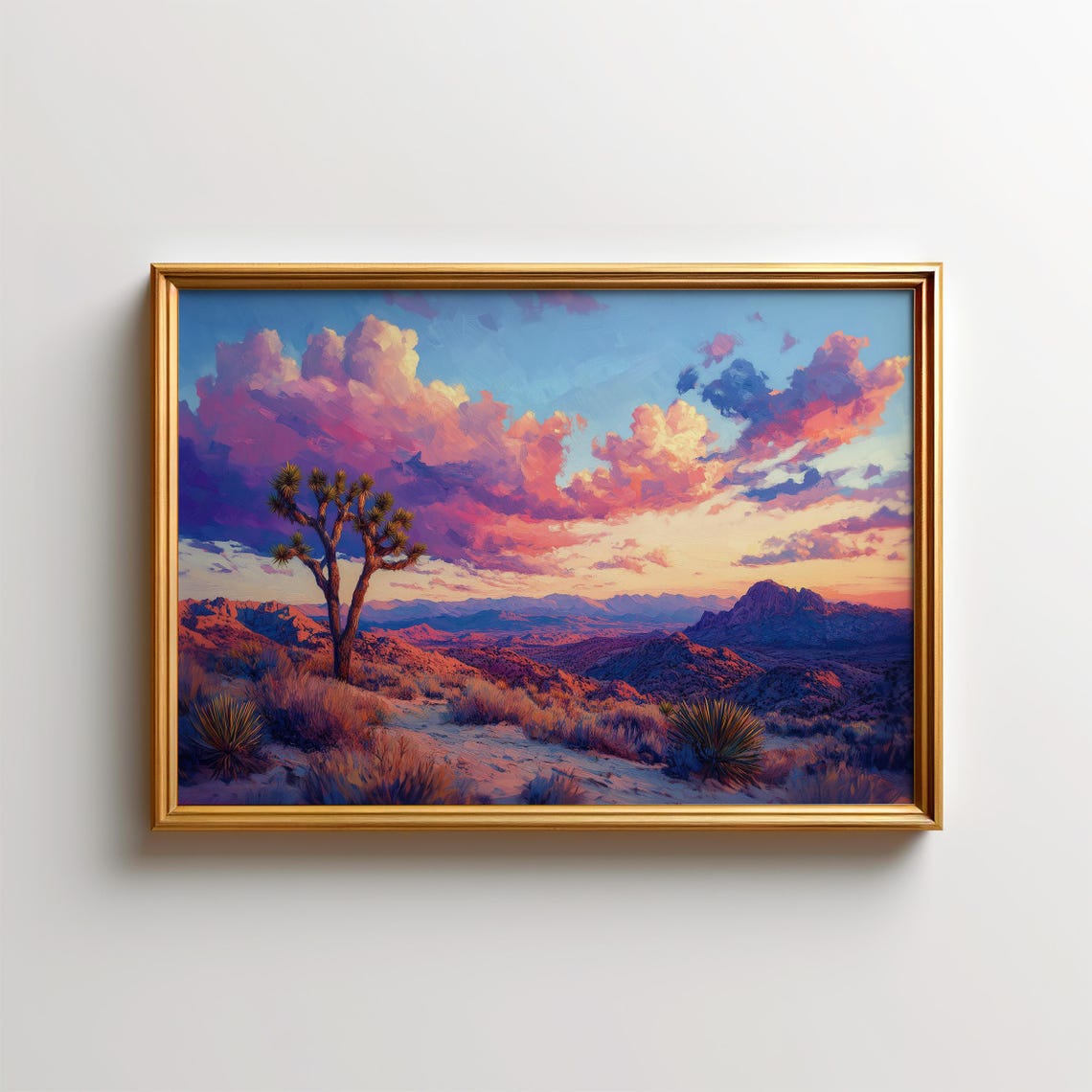 Joshua Tree Desert Sunset Pink Clouds Landscape Painting Poster