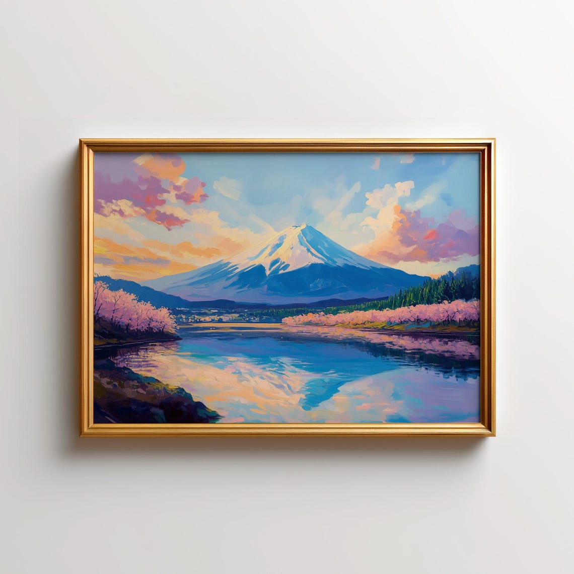Mount Fuji Sunset with Cherry Blossoms and Lake Reflection Poster