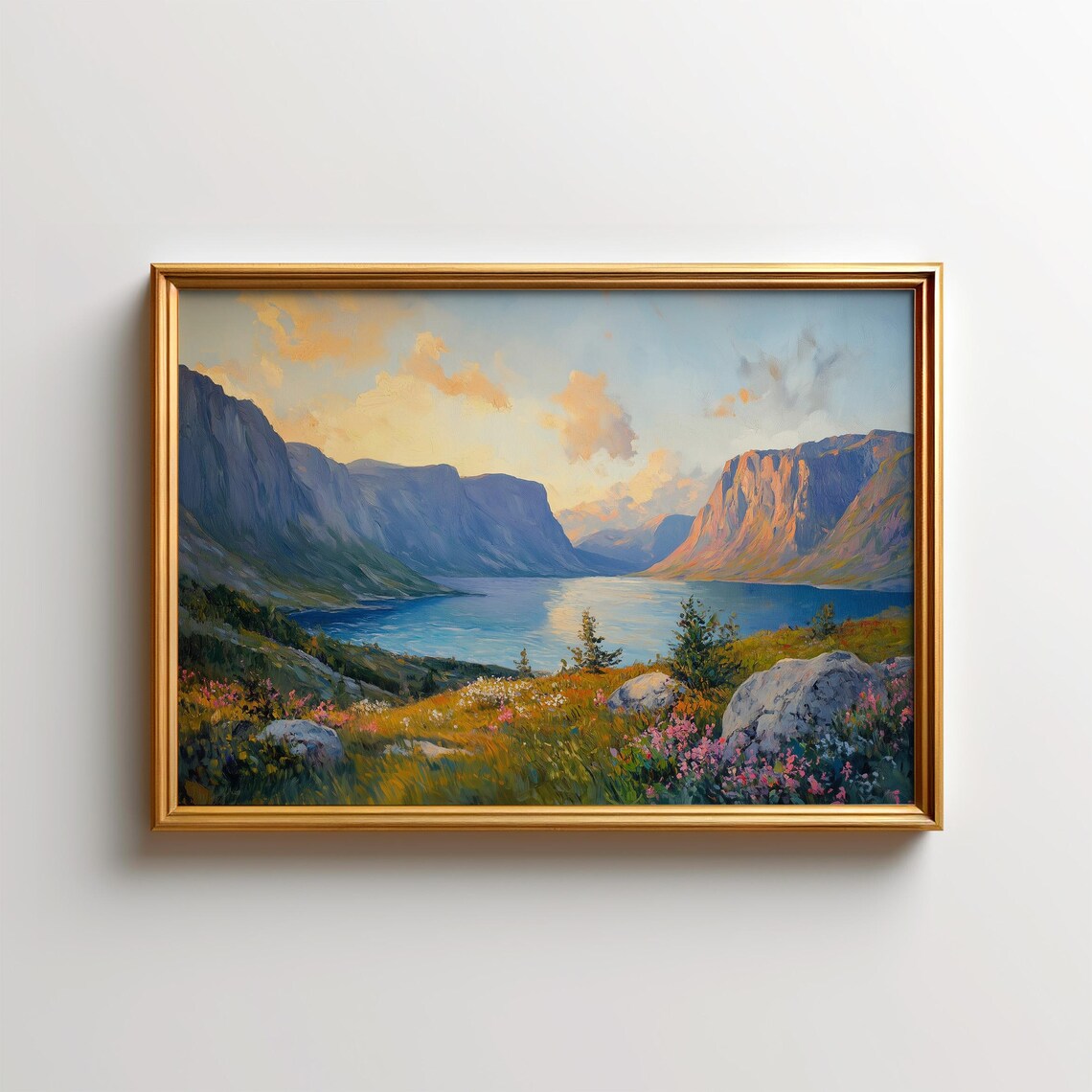 Mountain Lake Sunset Oil Painting Alpine Fjord Landscape Poster