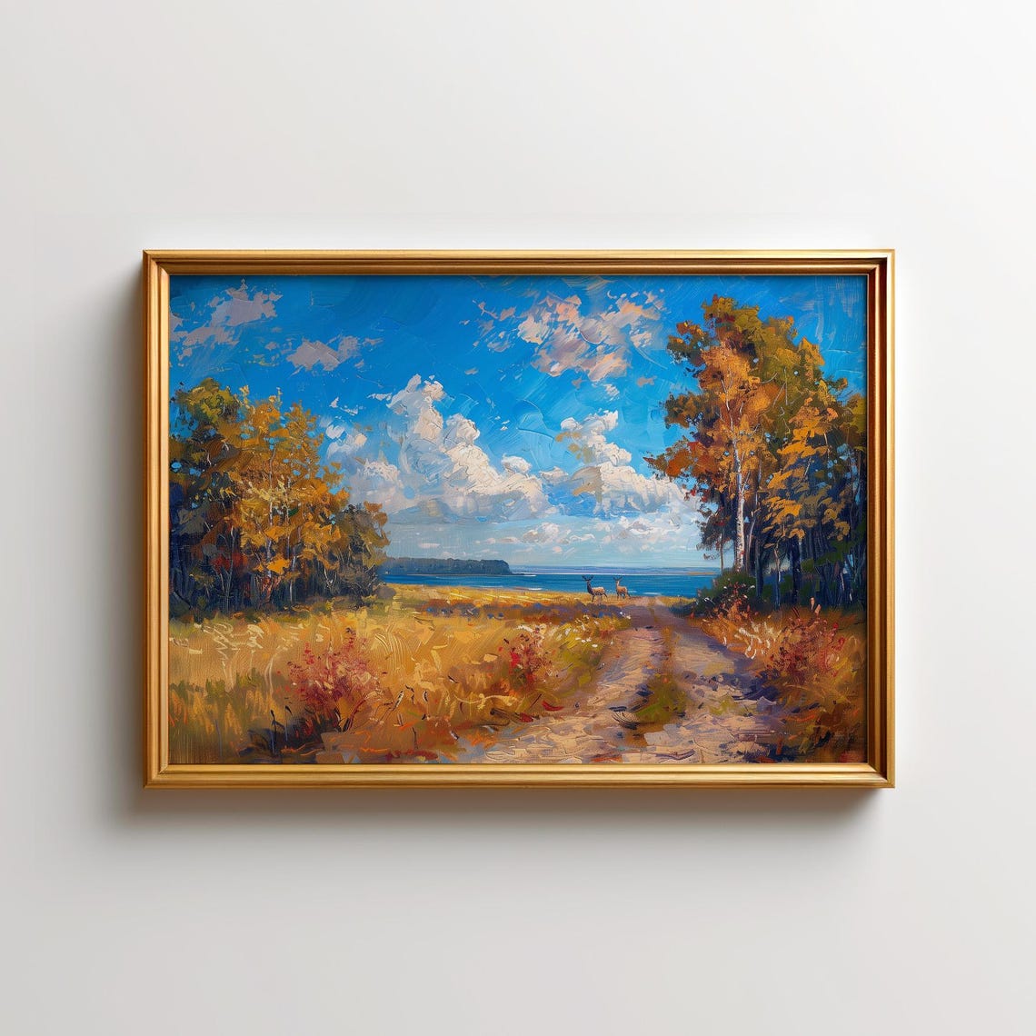 Autumn Lake Deer Landscape Painting Golden Birch Trees Poster