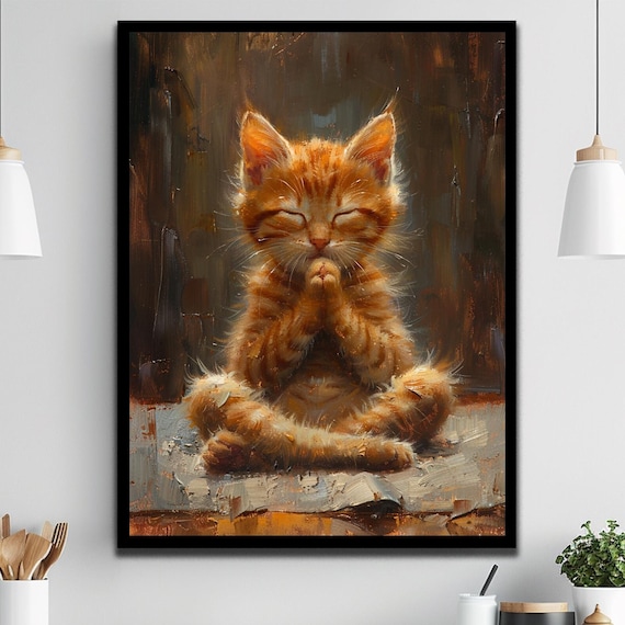 Meditating Ginger Kitten With Paws In Prayer Funny Cute Cat Portrait Poster