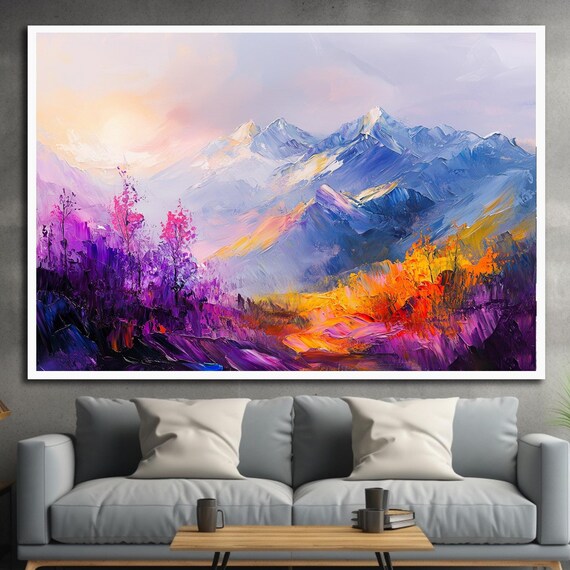Colorful Sunrise Mountain Peaks Violet Blossom Impasto Oil Painting Poster
