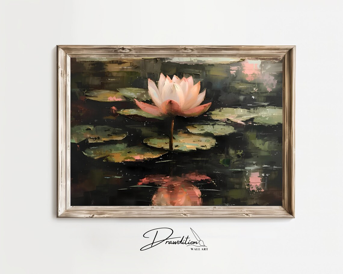 Pink Lotus Flower Pond Oil Painting Serene Floral Garden Poster