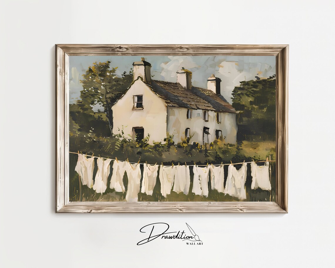 Cottage Laundry Art Print, Country Clothesline