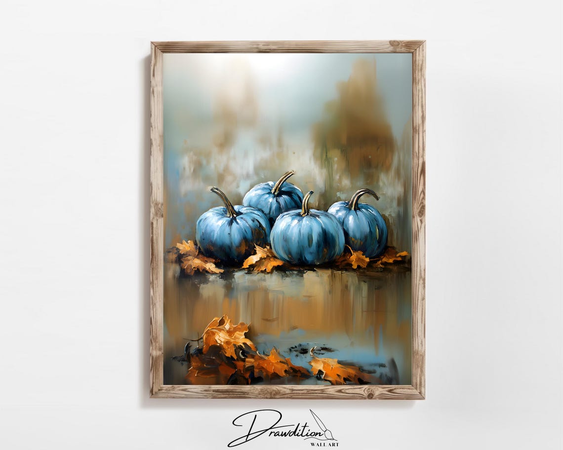 Blue Pumpkins Autumn Leaves Impressionist Painting Fall Poster