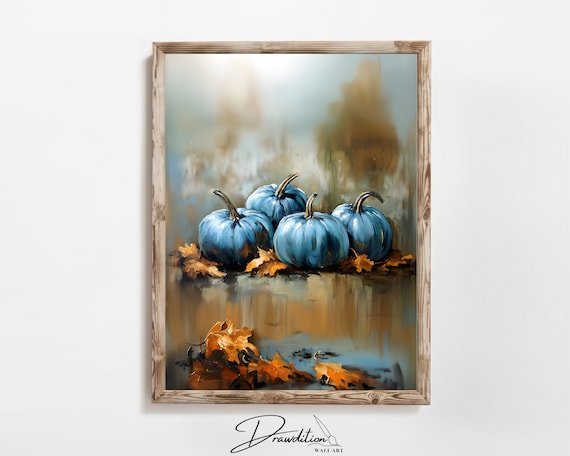 Blue Pumpkins Autumn Leaves Impressionist Painting Fall Poster