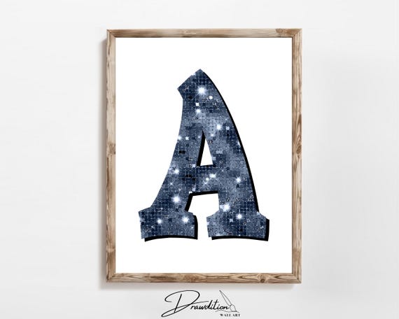 Disco Navy Blue Letter A Print Navy Trendy Personalized Monogram Wall Art Disco Cowgirl Dorm Decor Preppy Poster Teen Room