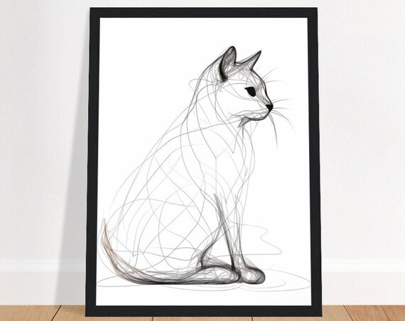 Minimalist Line Art Cat Sitting Elegant Feline Drawing Print Cat Lover Art