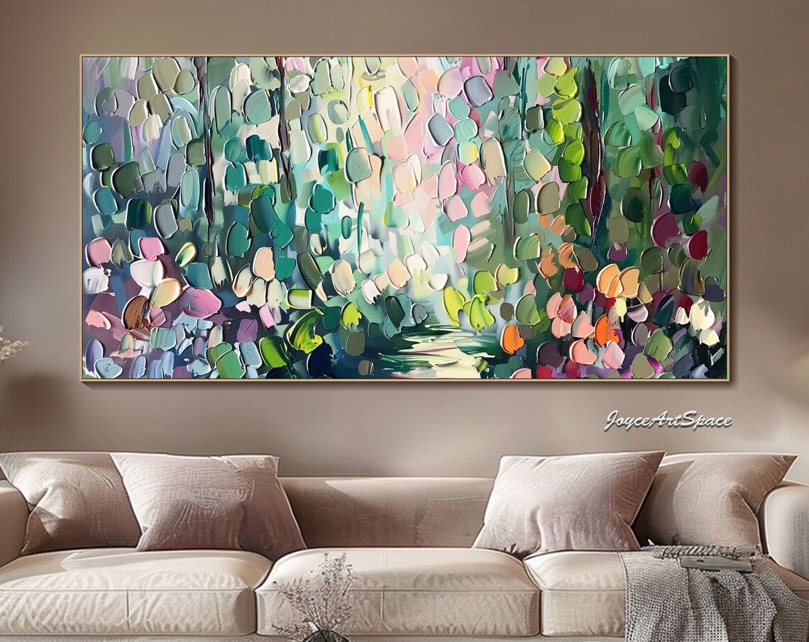 Abstract Forest Foliage Mosaic Green Pink 3D Textured Wall Art