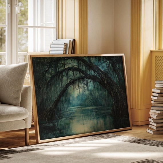 Mystical Swamp Landscape Art Enchanting Dark Forest Scene With Moss Covered Trees Over A Reflective Waterway Print