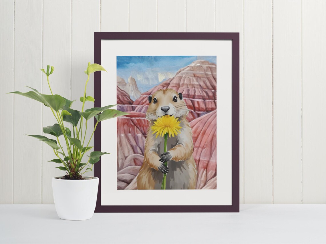 Prairie Dog Holding Dandelion Badlands Watercolor Cute Poster