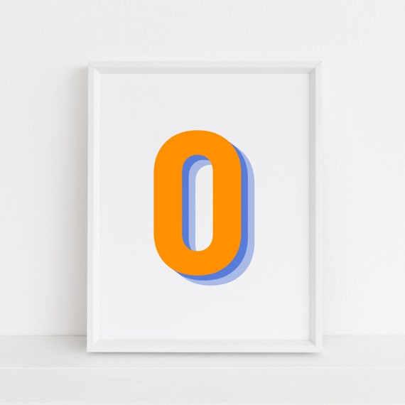 Retro 3d Number 0 Print Monogram Number Zero Print Orange And Navy Number Initial Poster Birthday Age Print Wall Art