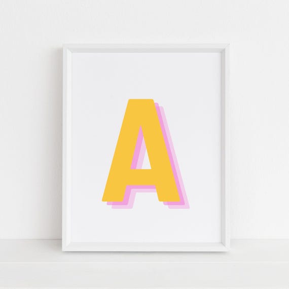 Retro 3d A Alphabet Art Letter A Print Bold Typography In Yellow And Pink Initial Wall Art Initial A Retro Wall Decor