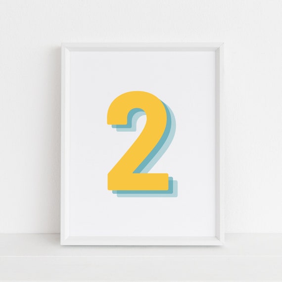 Retro 3d Yellow Number 2 Print Monogram Number Two Print Yellow Digit Birthday Age Print Baby Letter Poster Wall Art