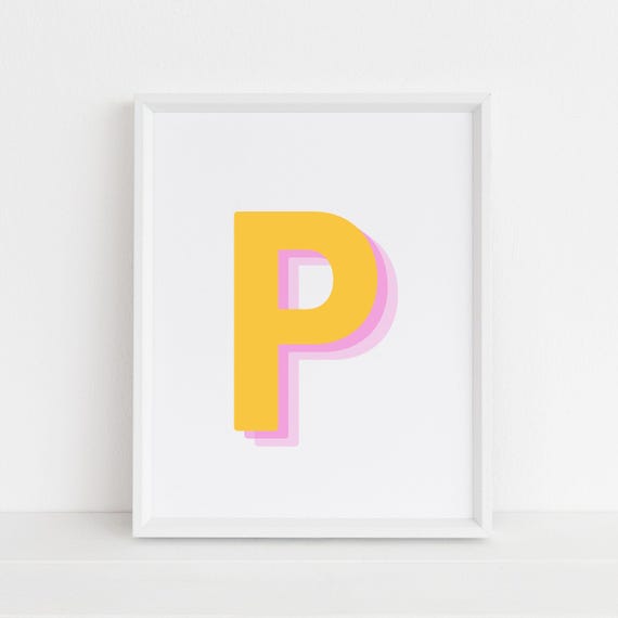 Retro 3d Letter P Print Monogram Yellow And Pink Initial Alphabet Baby Art Wall