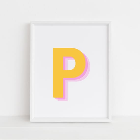 Retro 3D Letter P Yellow Pink Monogram Initial Typography Poster