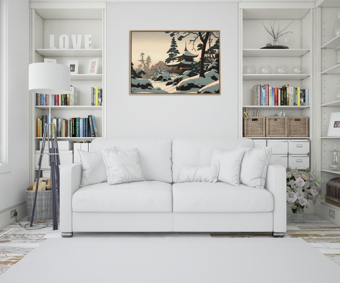 Japanese Temple In Deep Snow Winter Pines Tranquil Art Poster - Image 4