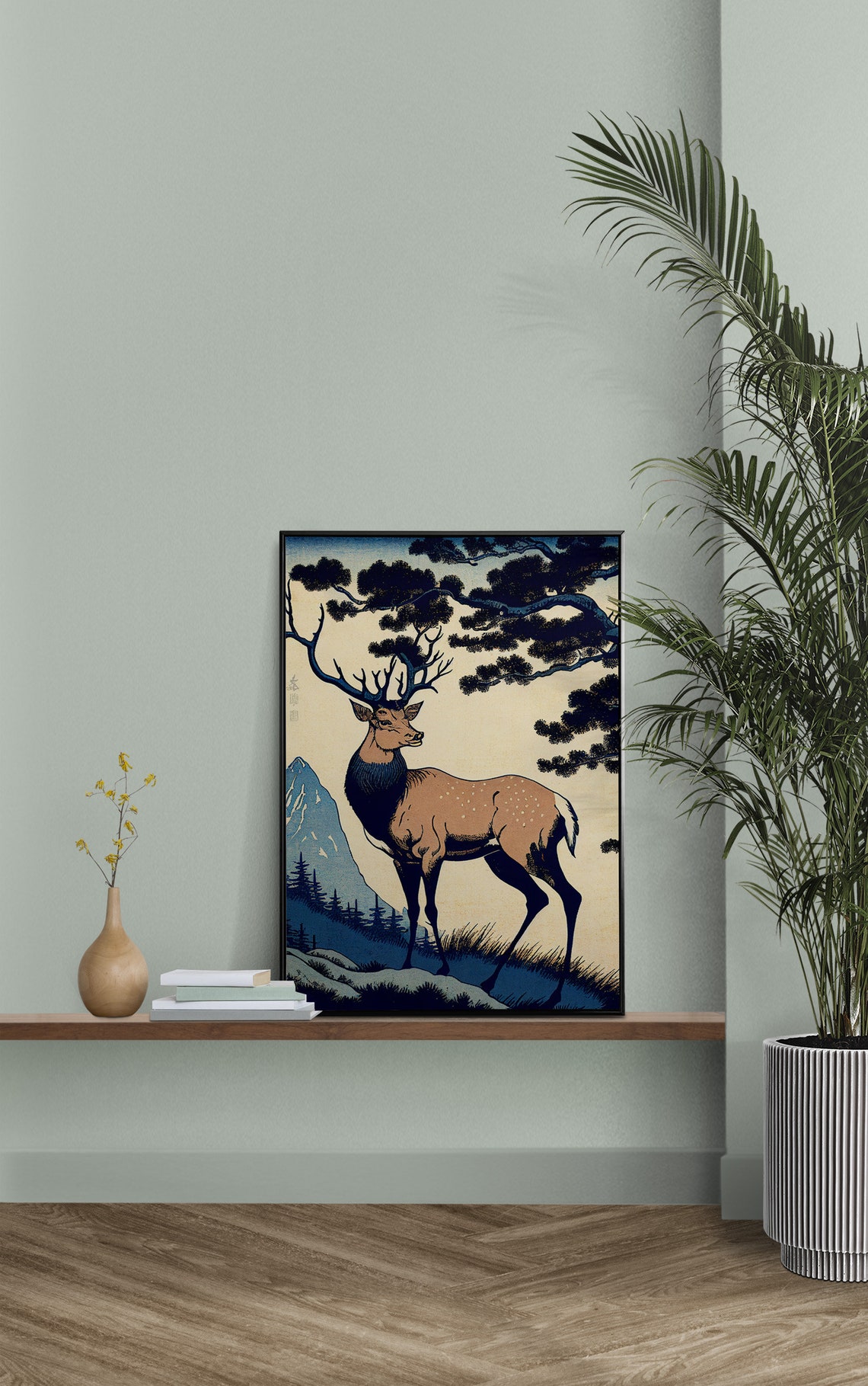 Stag Deer Beneath Pine Trees in Ukiyo E Japanese Mountain Art Poster - Image 3