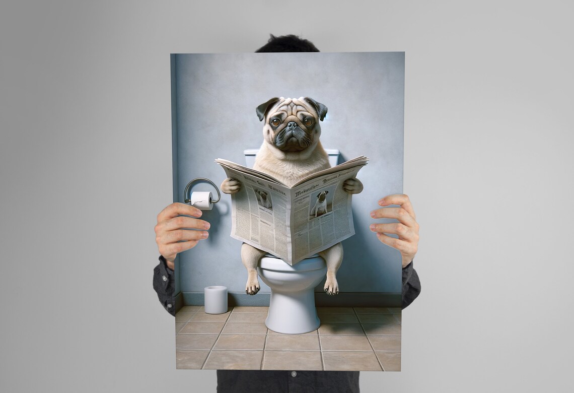 Pug Reading Newspaper on the Toilet, Funny Bathroom Art - Image 3