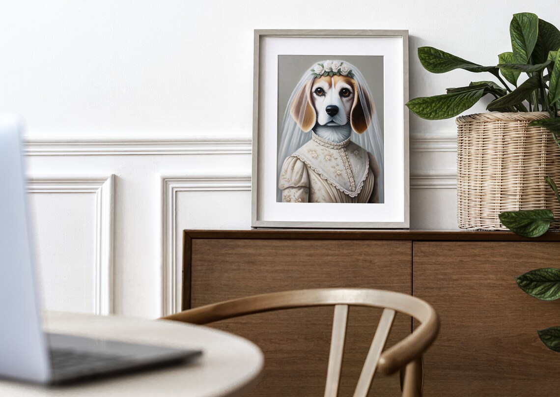 Beagle Bride in Wedding Dress with Floral Veil Dog Portrait Poster - Image 3