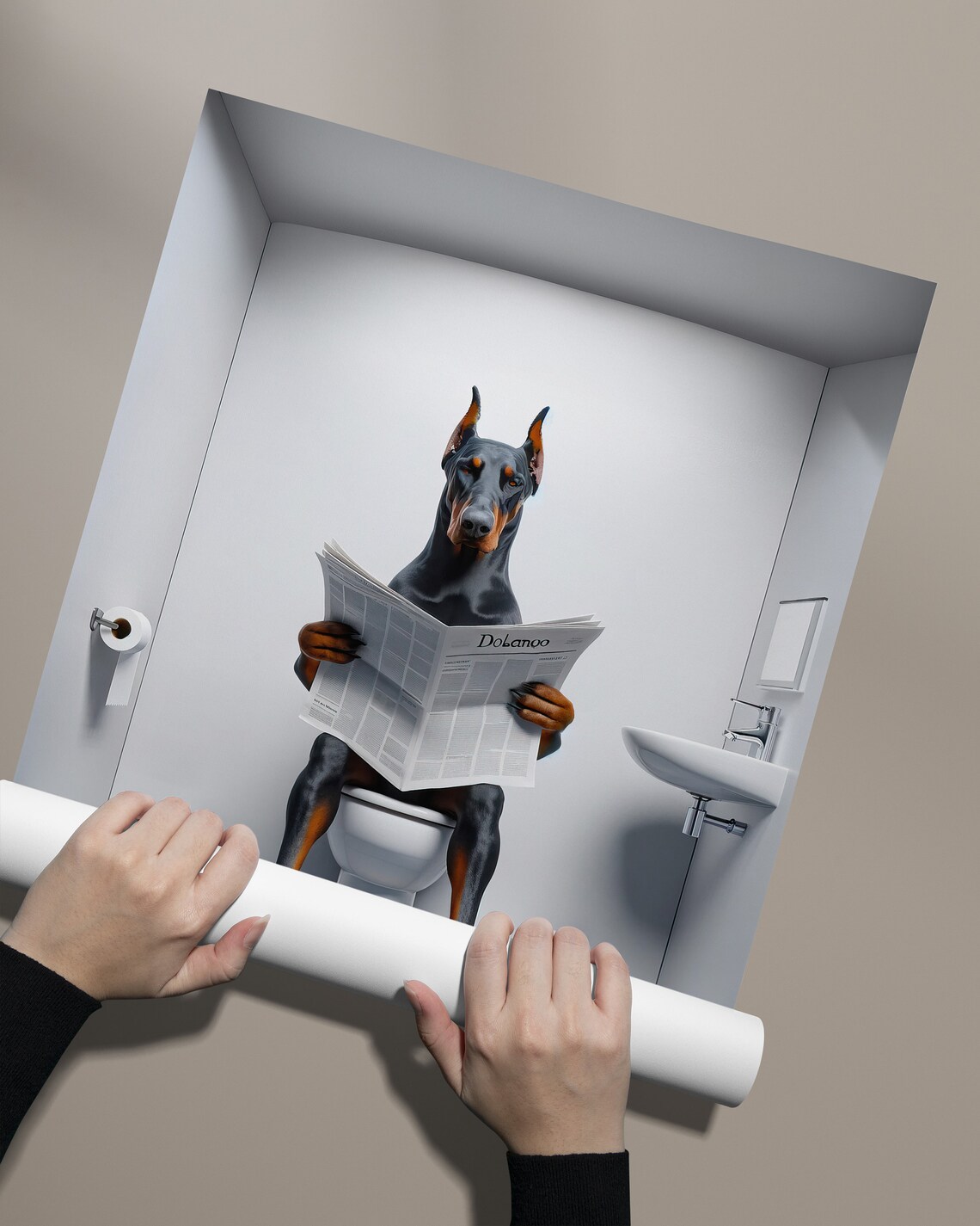 Doberman Reading Newspaper Bathroom Poster Print - Image 2
