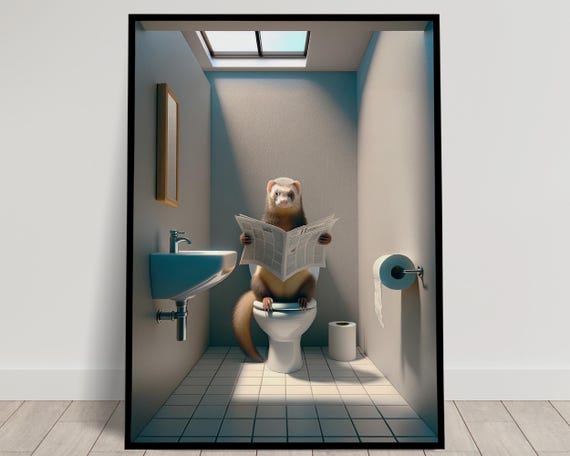Photograph Of A Ferret Reading The Newspaper On The Toilet Funny Bathroom Decor Bathroom Wall Art Wc Toilet Poster Unique Gag Gift
