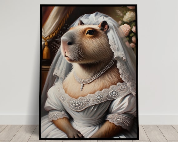 Capybara Bride with Pearl Necklace and Roses Romantic Animal Portrait Poster