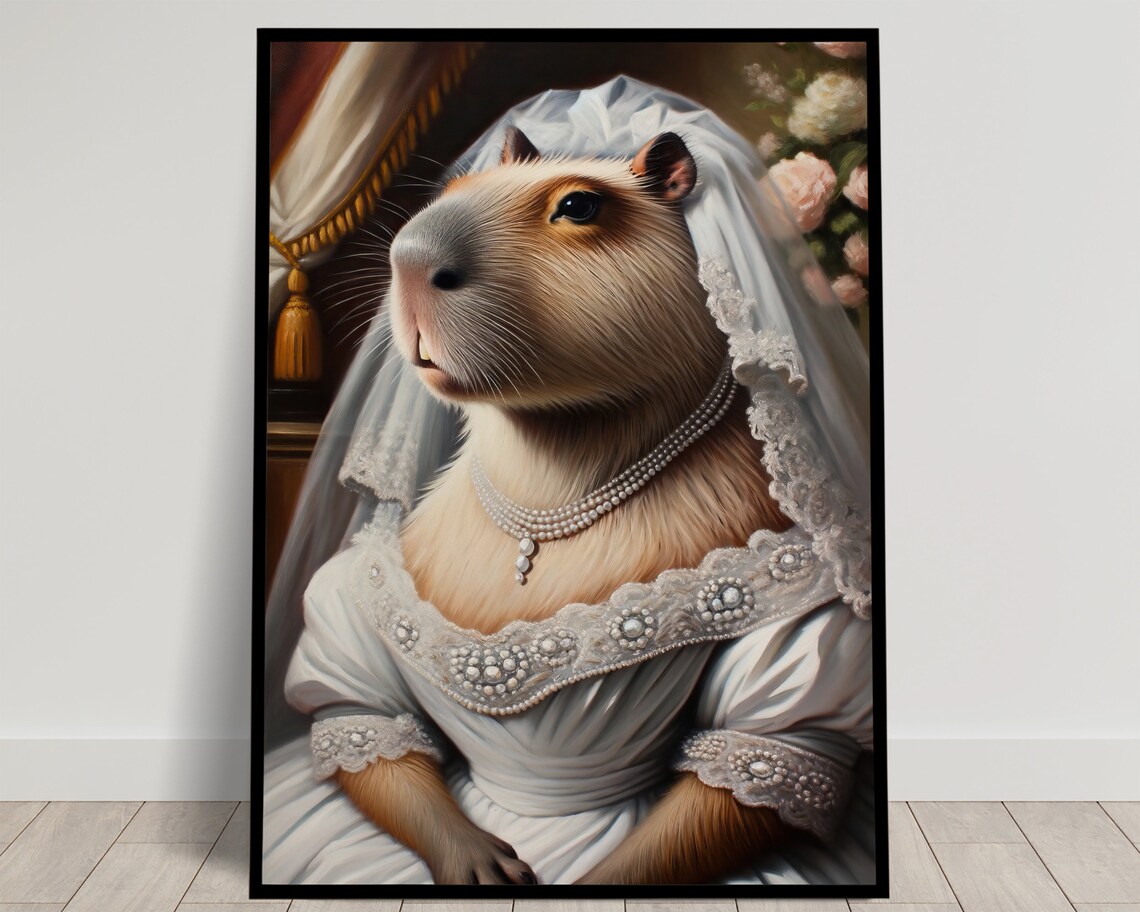Capybara Bride with Pearl Necklace and Roses Romantic Animal Portrait Poster