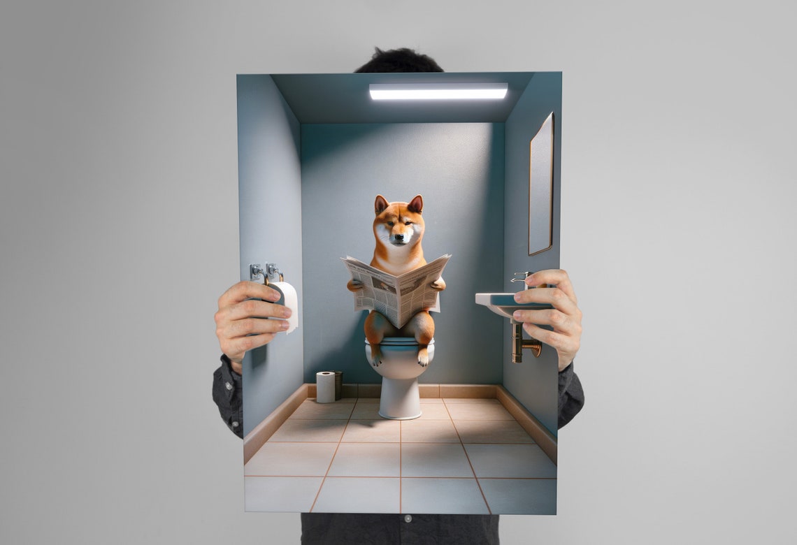 Photograph Of A Shiba Inu Dog Reading The Newspaper On The Toilet Funny Bathroom Decor Bathroom Wall Art Wc Toilet Poster Gag Gift - Image 3