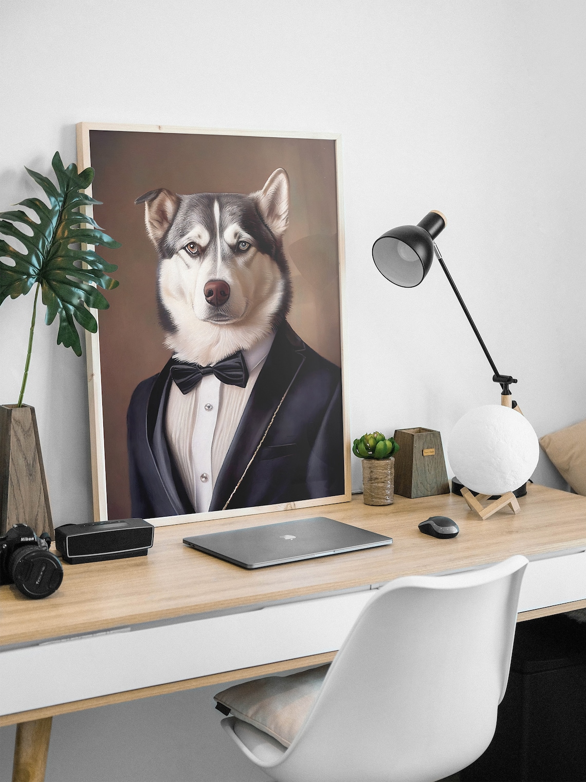 Portrait Of A Husky In A Tuxedo Art Print - Image 2