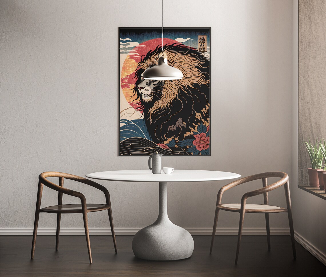 Majestic Lion With Flowing Golden Mane Red Sun Japanese Poster - Image 3