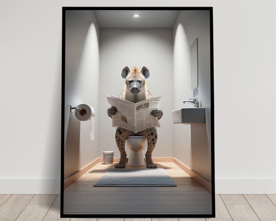 Photograph Of A Hyena Reading The Newspaper On The Toilet Funny Bathroom Decor Bathroom Wall Art Wc Toilet Poster Unique Gag Gift