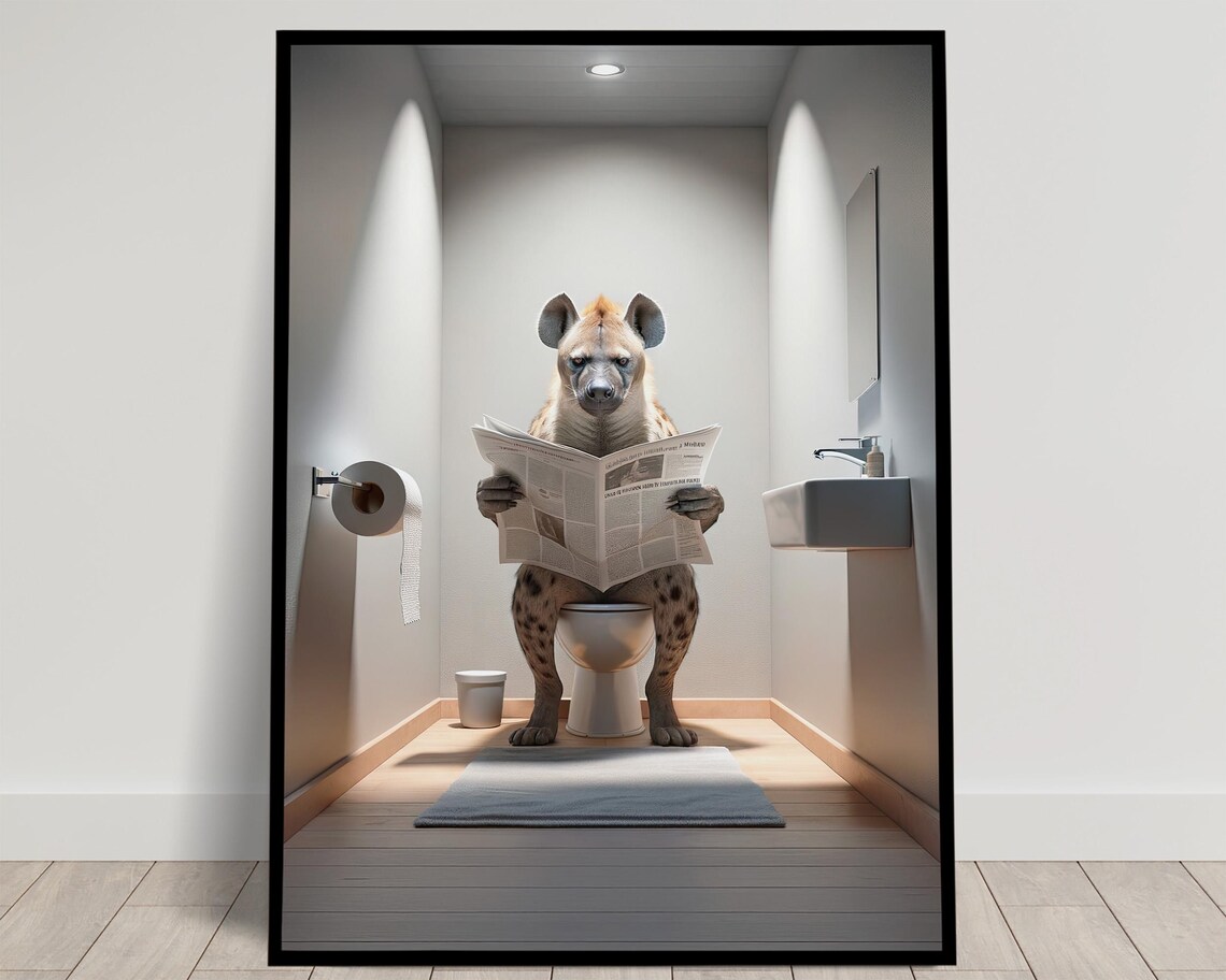 Grinning Hyena Reading Newspaper On The Toilet Bathroom Poster