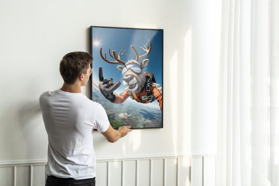 Reindeer Skydiving In Orange Jumpsuit Epic Freefall Christmas Poster - Image 2