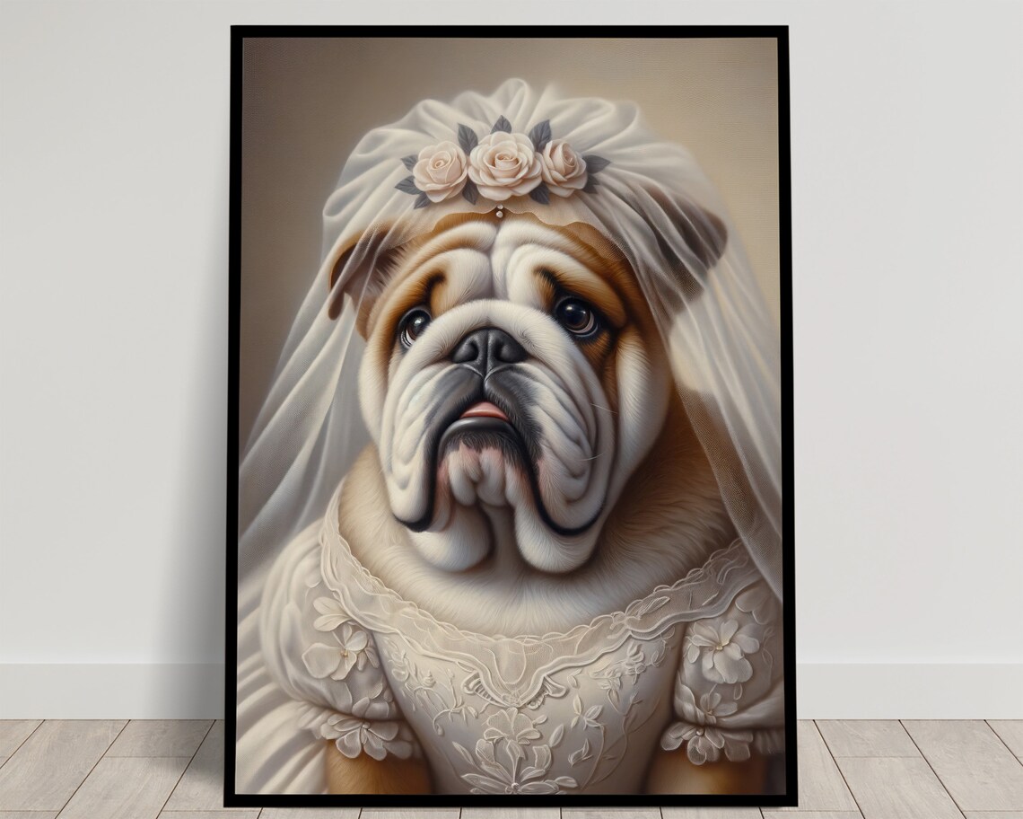 English Bulldog In Wedding Dress Funny Bridal Dog Portrait Poster