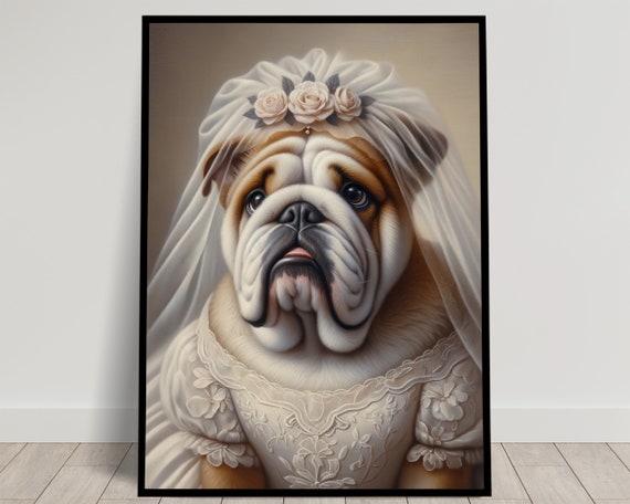 Portrait Of A English Bulldog Wearing A Wedding Dress Animal Wall Decor Dog Mariage Poster Bride Wall Art Funny Frame Unique Gift