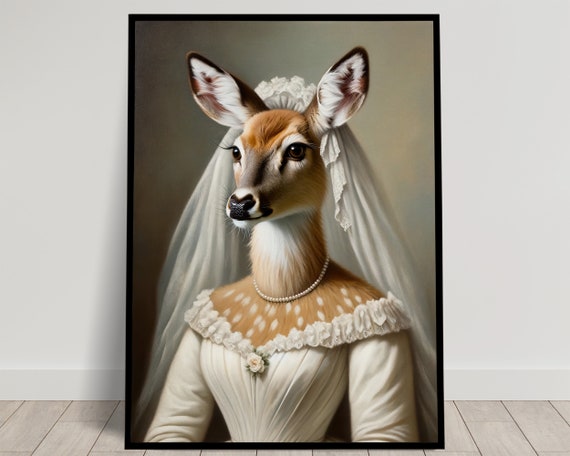 Portrait Of A Doe Wearing A Wedding Dress Animal Wall Decor Deer Mariage Poster Bride Wall Art Funny Frame Unique Gift