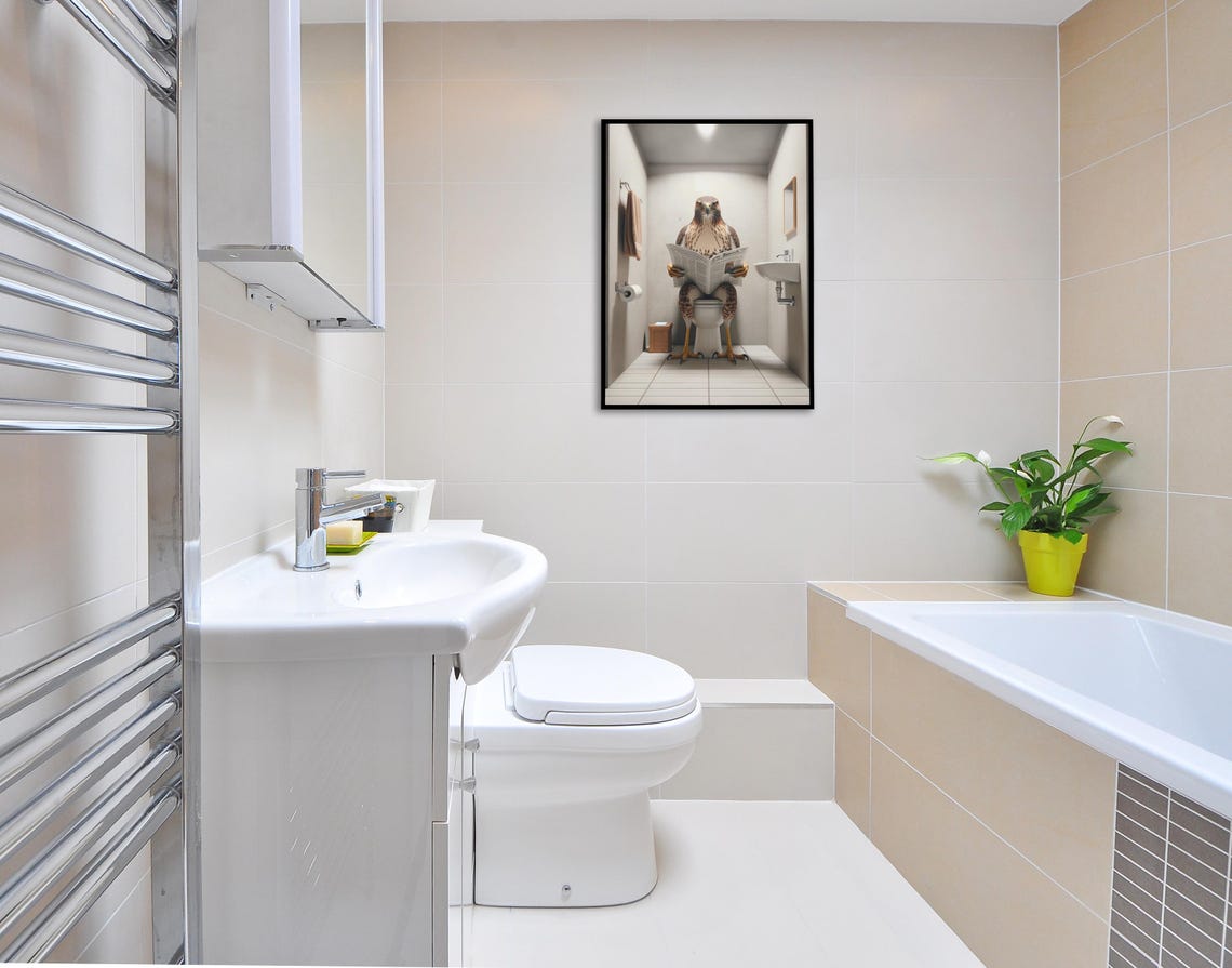 Hawk Reading the Newspaper on the Toilet Funny Bathroom Poster - Image 2
