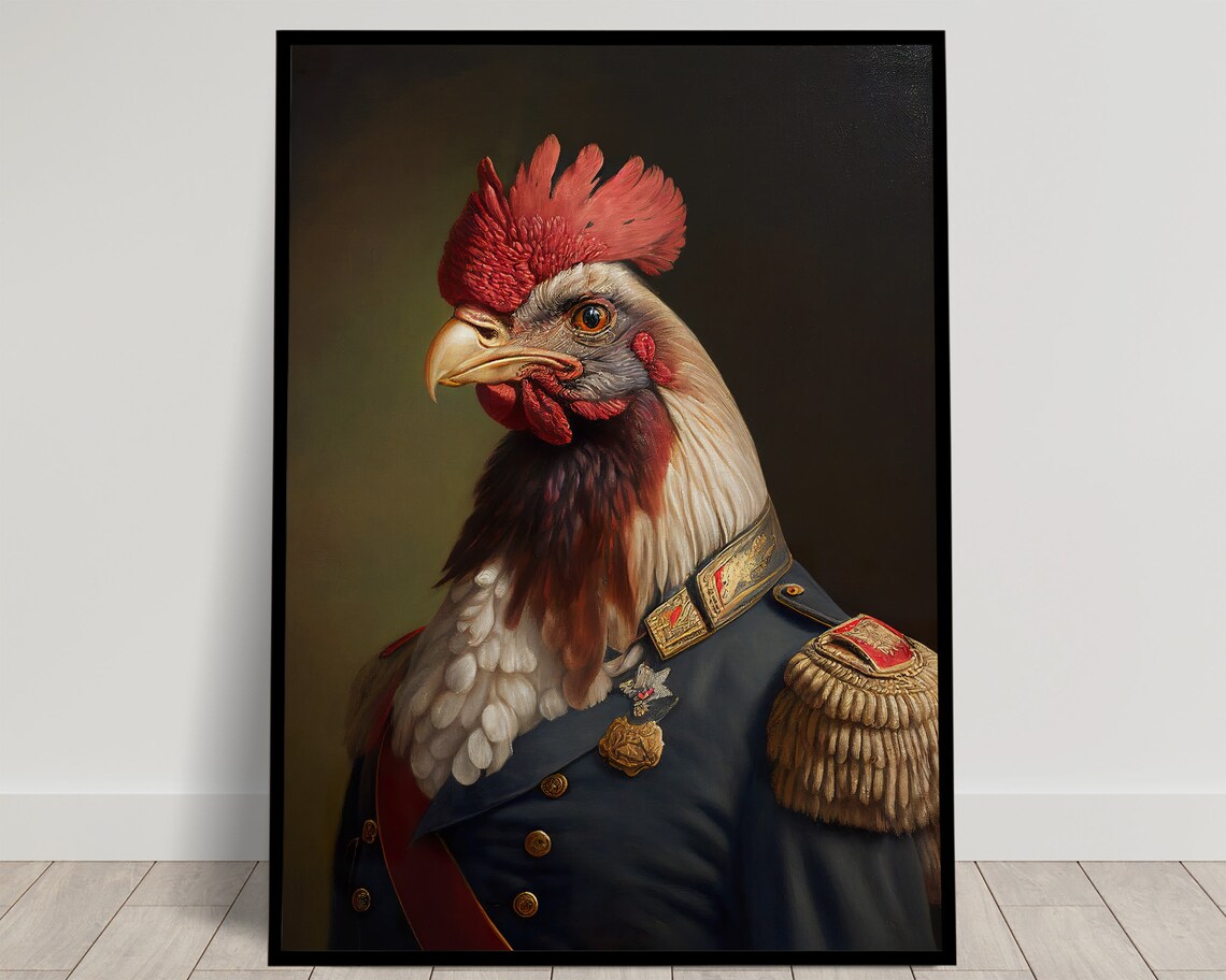 Portrait Of A Rooster In Military Uniform Art Print