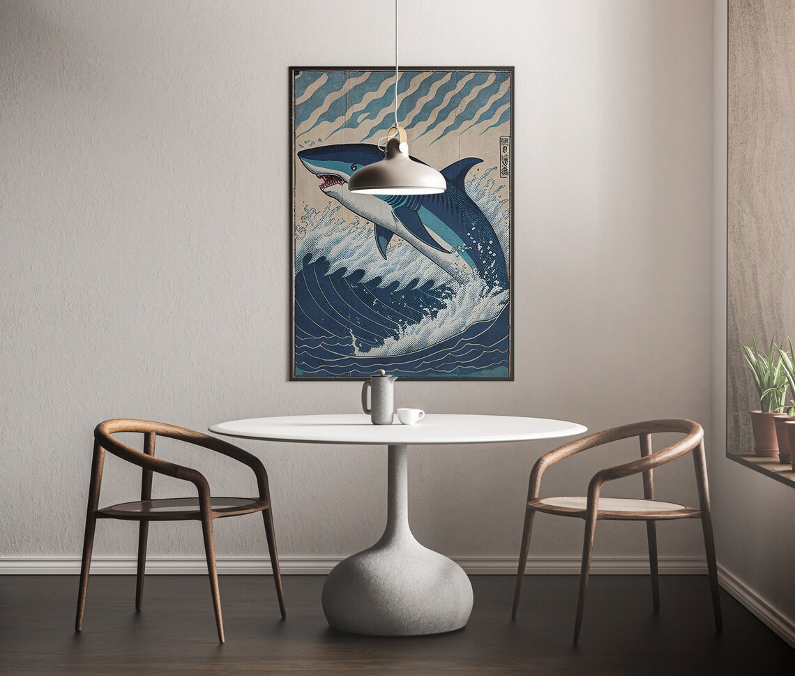 Great White Shark Leaping From Ocean Wave Japanese Art Poster - Image 3