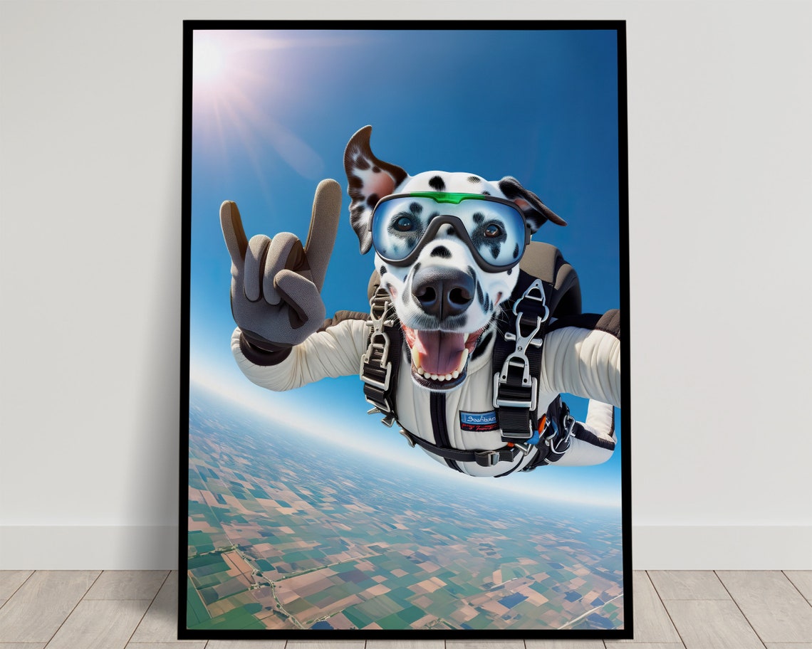 Dalmatian Dog Skydiving Rock On Sign Epic Freefall Animal Poster
